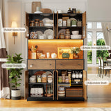 FINETONES 71" Pantry Cabinet with LED Light and Charging Station, Farmhouse Kitchen Pantry Cabinet with Microwave Stand, 47.2" Wide Kitchen Hutch Food Pantry with Open Countertop, Black/Brown FINETONES