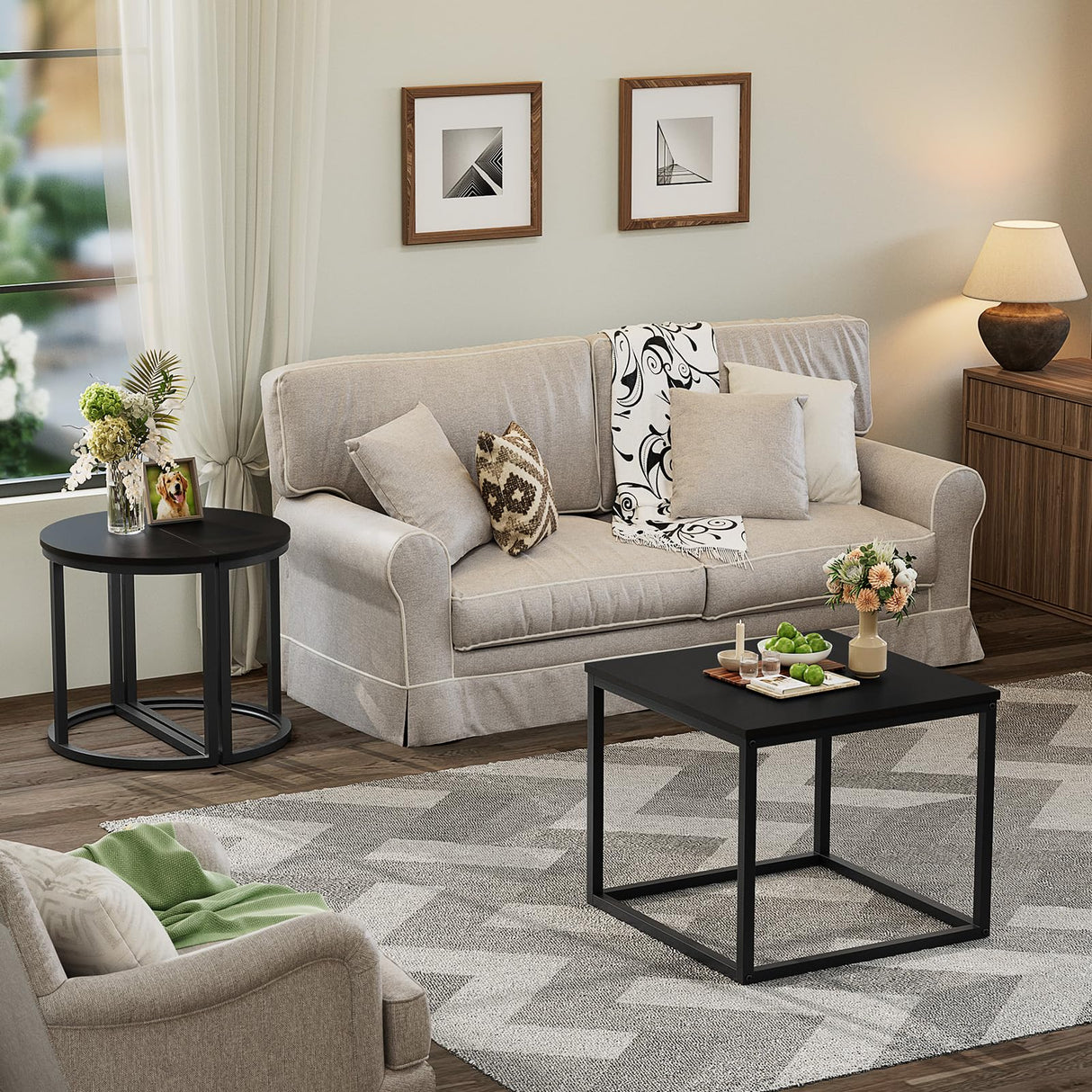 GreenForest Coffee Table Oval 3pcs Set, Modern Living Room Table with 2 End Tables, Small Center Table with Metal Frame for Home Apartment, Black GreenForest