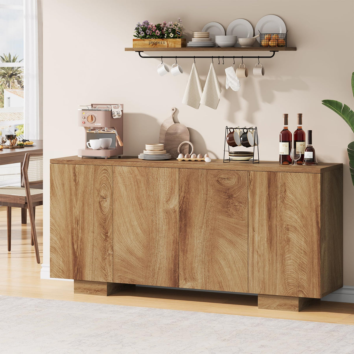 Condemo Sideboard Buffet Cabinet with Storage, Farmhouse Coffee Bar Cabinet with 4 Doors & Adjustable Shelves for Living Room, Kitchen, Hallway, Oak Condemo