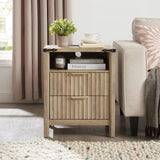 BuildHom Brown Fluted Night Stand with Charging Station, 2 Drawers Nightstand w/Open Shelves, Wood Curved Profile Design End Table, Modern Bedside Table for Bedroom, Sunwashed Ash Oak BuildHom