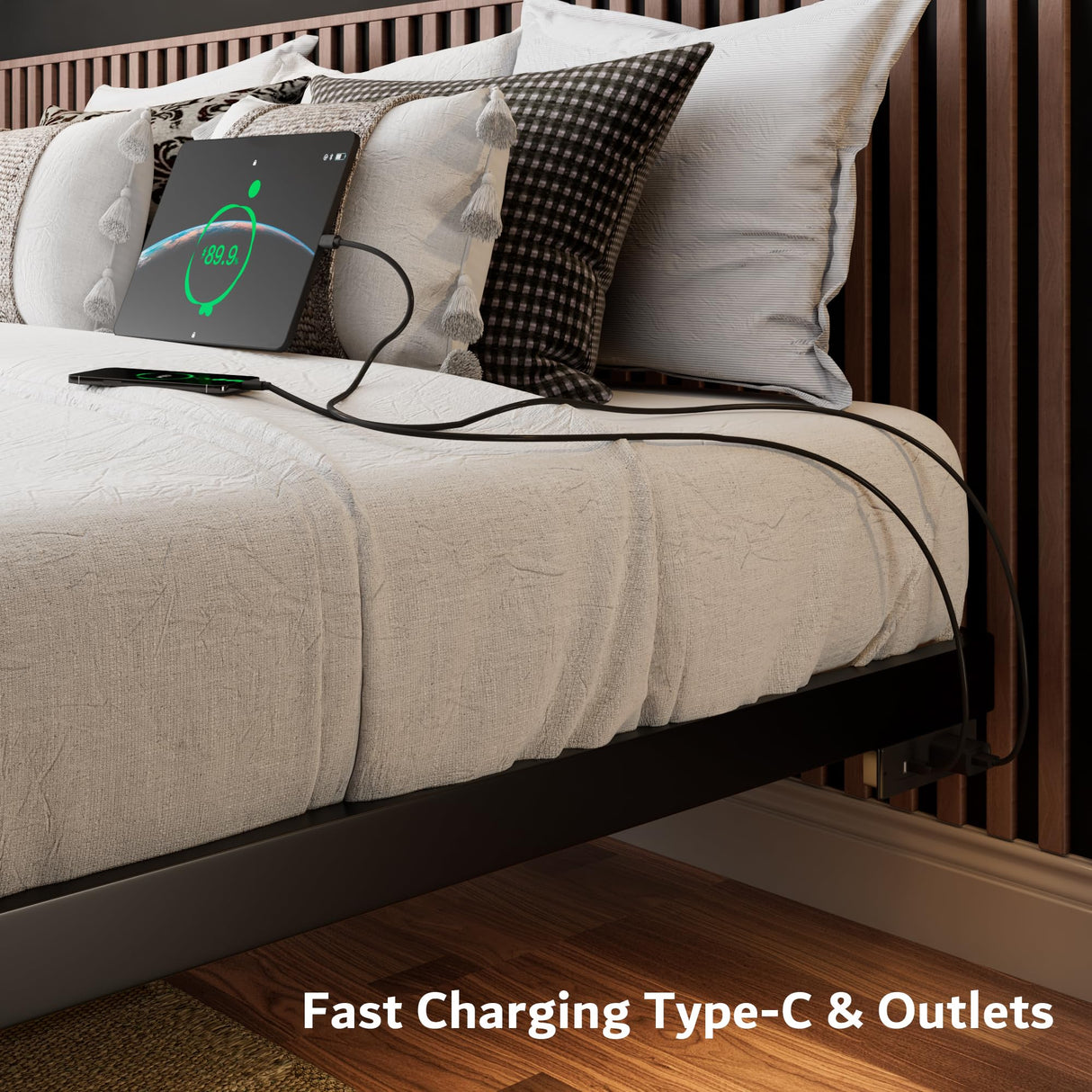 iPormis Twin Size Floating Bed Frame with LED Lighting and Charging Station, Metal Platform Design, Noise-Free Assembly, Black iPormis