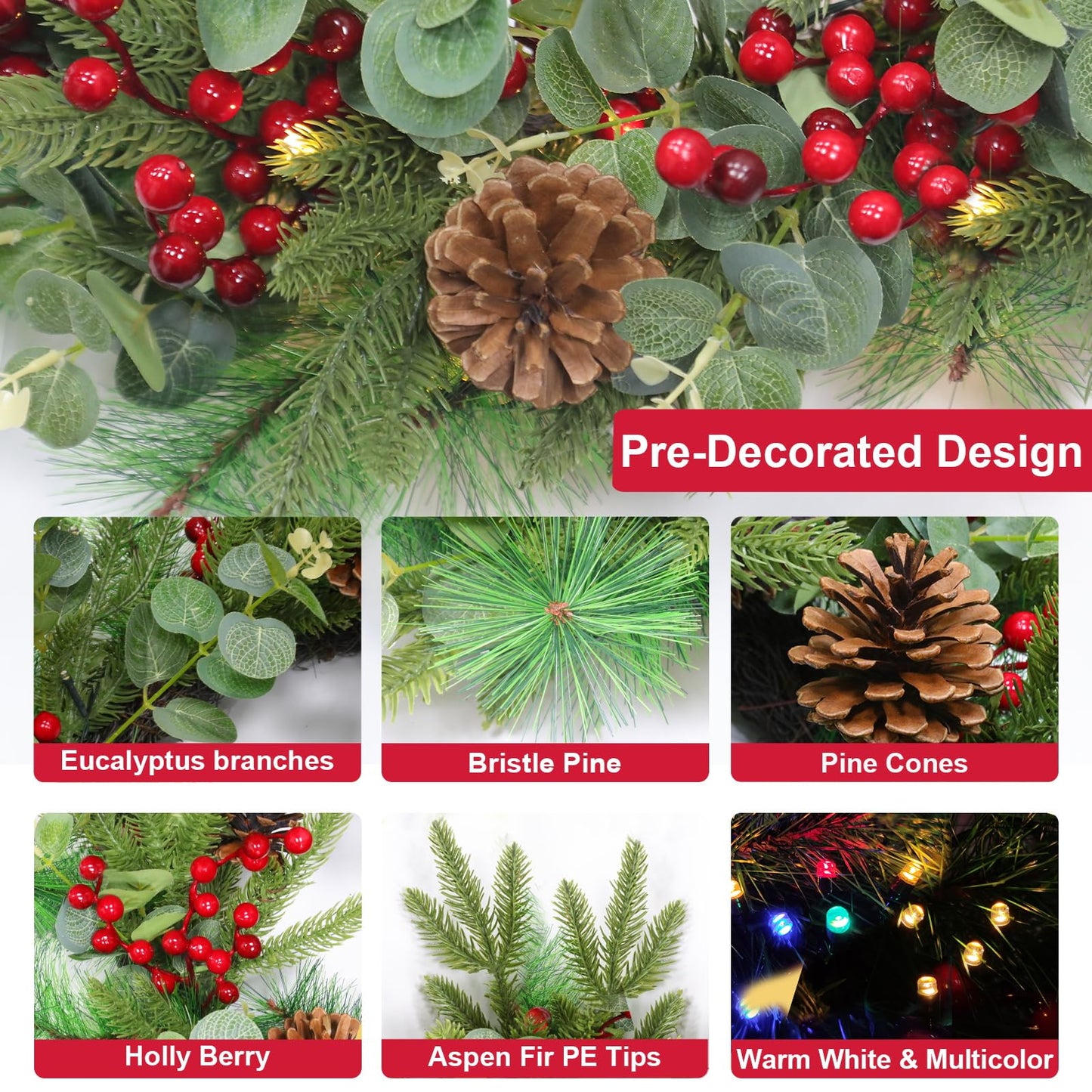 Dual Color Change&Timer Prelit Thick Christmas Wreath with 30 Warm White&Colors Lights 8 Modes,Mixed Norfolk PE Pine Bristle Pine Aspen Fir Tips Eucalyptus Pinecone Red Berry Cedar Xmas Wreath 20 Inch