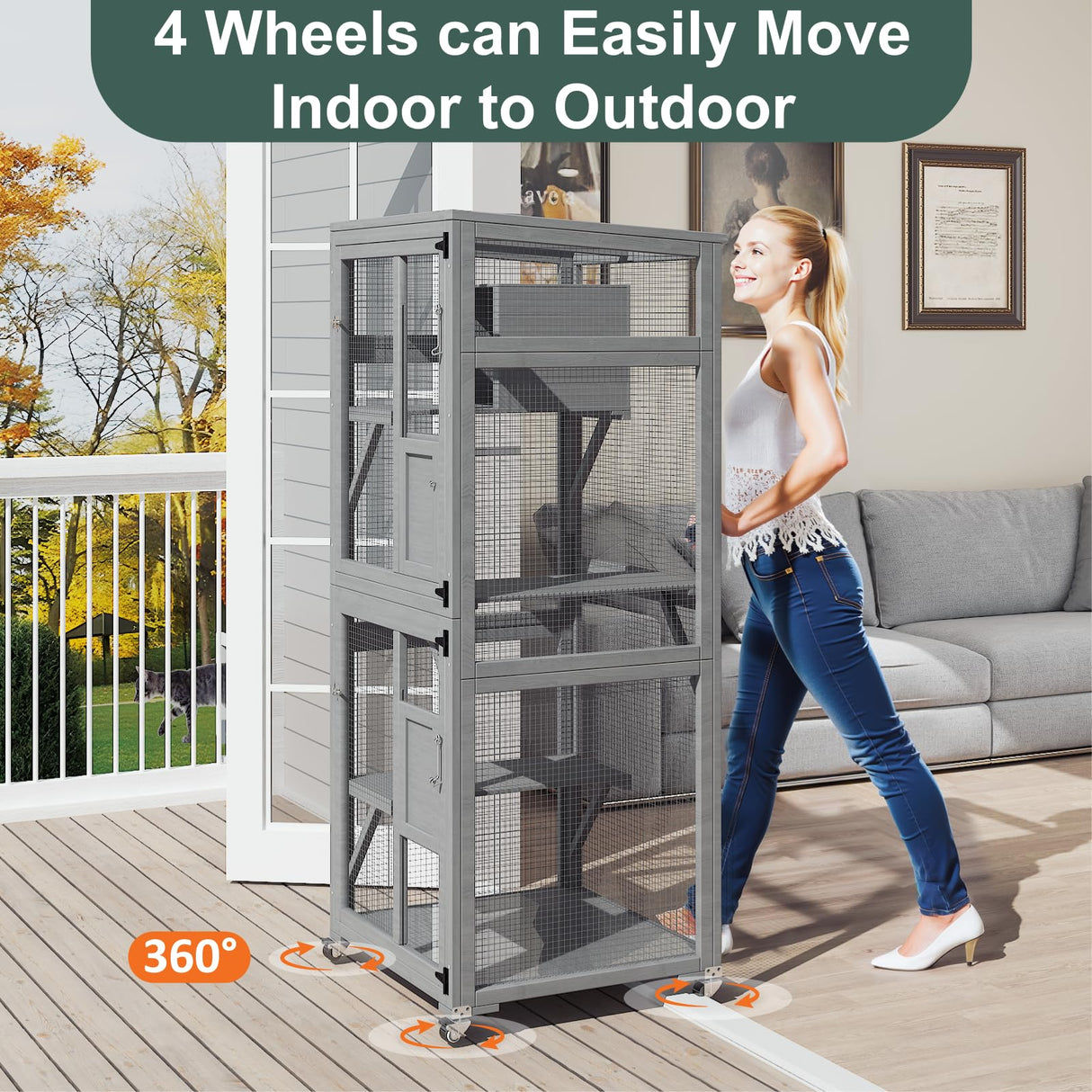 TIMHAKA Catio Outdoor Cat Enclosure, 4 Tier Indoor Catio with 4 Wheels, Platforms and Resting Box, Cat Cage with Waterproof Roof, Feral Animal Shelter with Removable Bottom and Easy Clean PVC Layer TIMHAKA