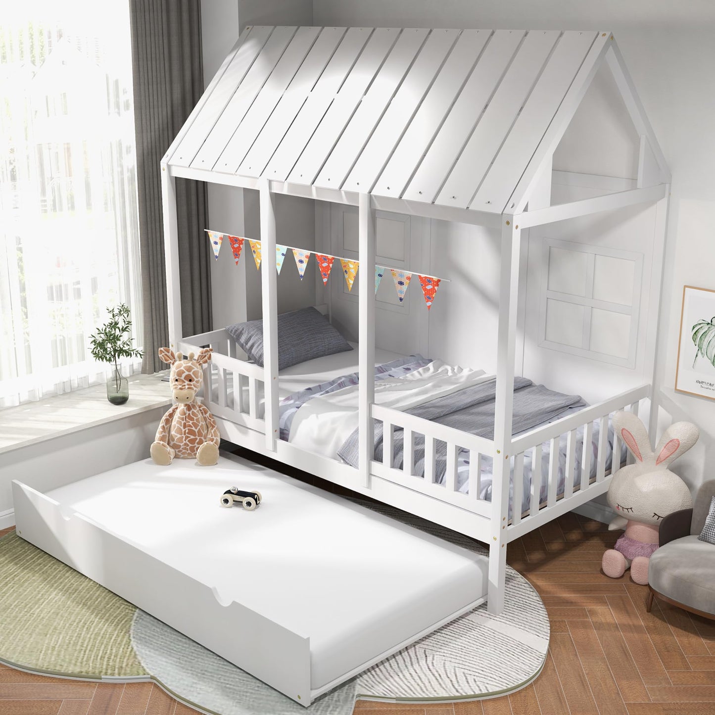 KOMFOTT Twin Size House Bed with Trundle - Playful Wood Bed Frame for Kids with Roof and Fence in White - WoodArtSupply