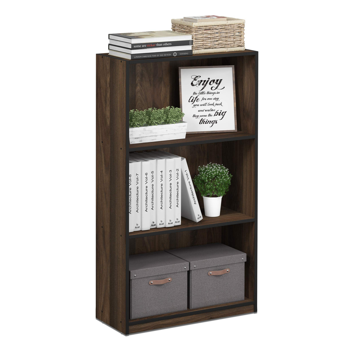 FURINNO Basic 3-Tier Bookcase Storage Shelves, Columbia Walnut FURINNO