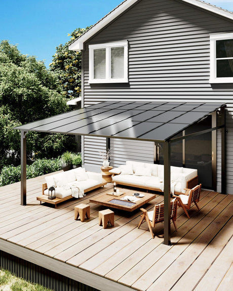 GarveeLife 12' x 14' Lean to Gazebo, Hardtop Wall Pergola with Polycarbonate Roof, Aluminum Frame Mounted Gazebo for Lawn Patio Deck Yard and Party Garveelife