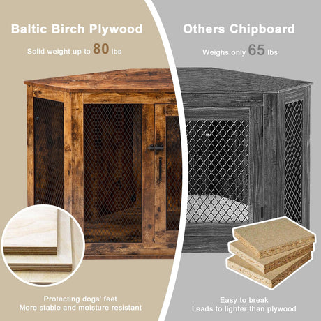 VITESSE Corner Dog Crate Furniture, 44/52inch Durable Wooden Dog Kennel End Table, Indoor Decorative Puppy Kennel with Metal Mesh, Heavy-Duty Pet House for Large Dogs with Portable Switch, TV Stand VITESSE
