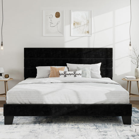 SHA CERLIN King Platform Bed Frame with Velvet Upholstered Headboard, Mattress Foundation with Strong Wooden Slats Support, No Box Spring Needed, Black SHA CERLIN