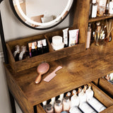 Makeup Vanity Desk with Round Mirror and Lights, White Vanity Makeup Table with 2 Drawers, Small Vanity Table for Bedroom with Lots Storage (Brown and Black, 15.75 * 31.5 * 53.6in) Vabches