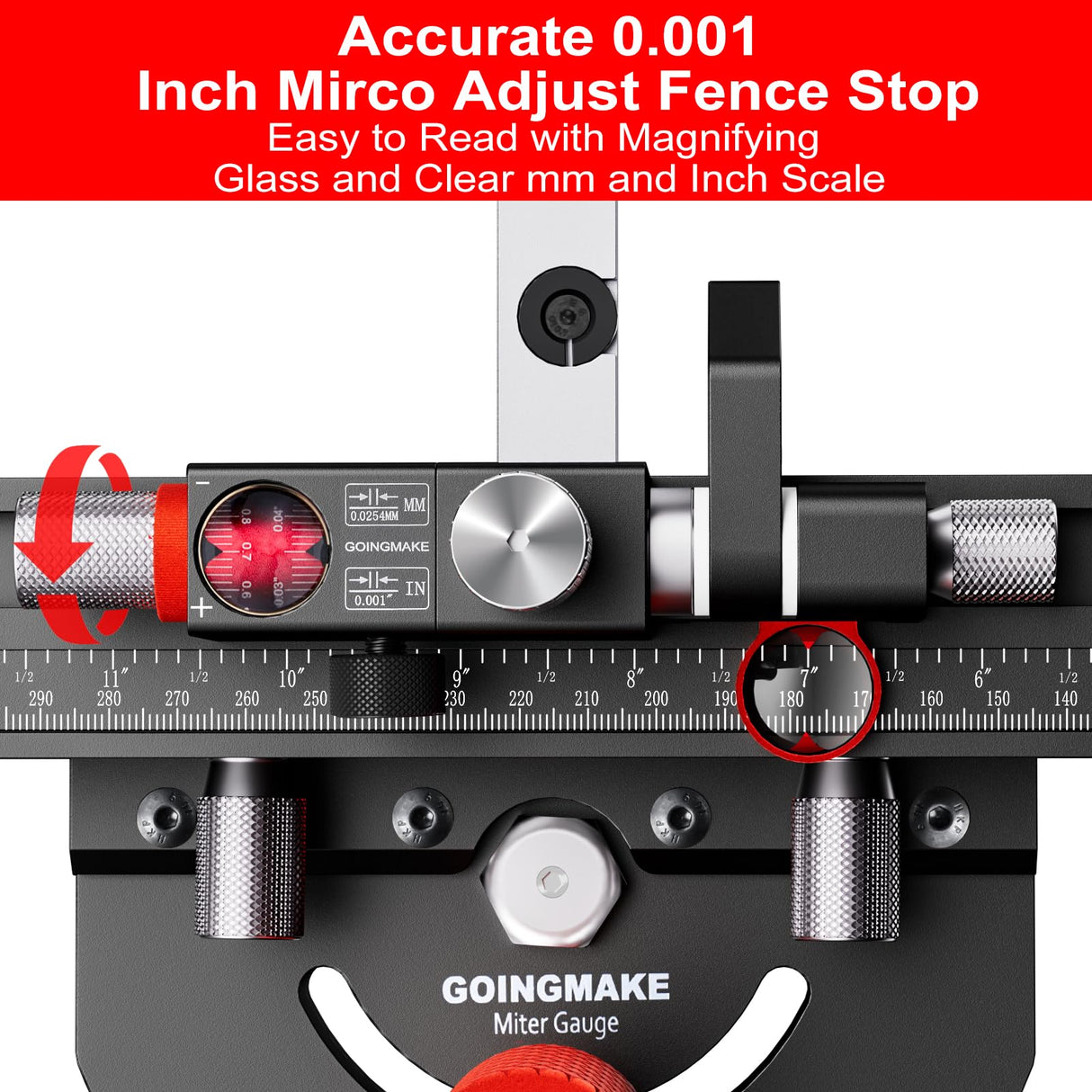 GOINGMAKE Table Saw Miter Gauge with Micro Adjustable Flip Stop and Extendable Fence and Quick Angle Stop for Table Saw Band Saw Router Table Fit 3/8 x 3/4" T Slot for Woodworking Crosscut, Miter Cut goingmake