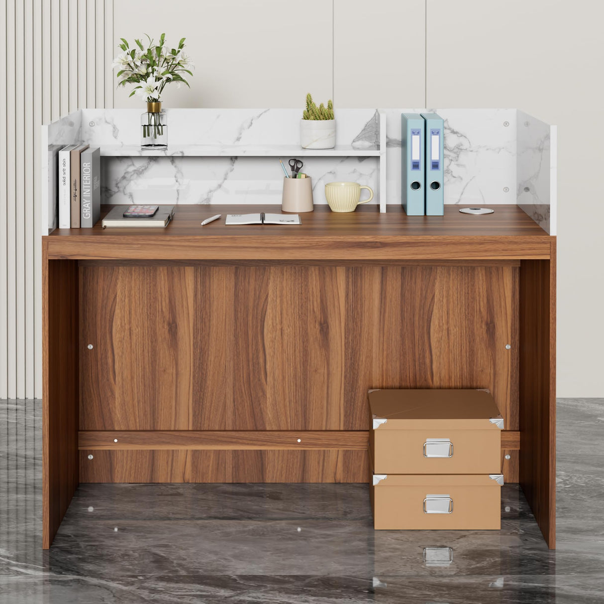 UEV Modern Reception Desk with Counter, 47“ Front Desk Reception Room Table with Cable Grommet, Marble Texture Top Front & Led Lights, Retail Counter for Beauty Salon, Checkout, Home Office UEV