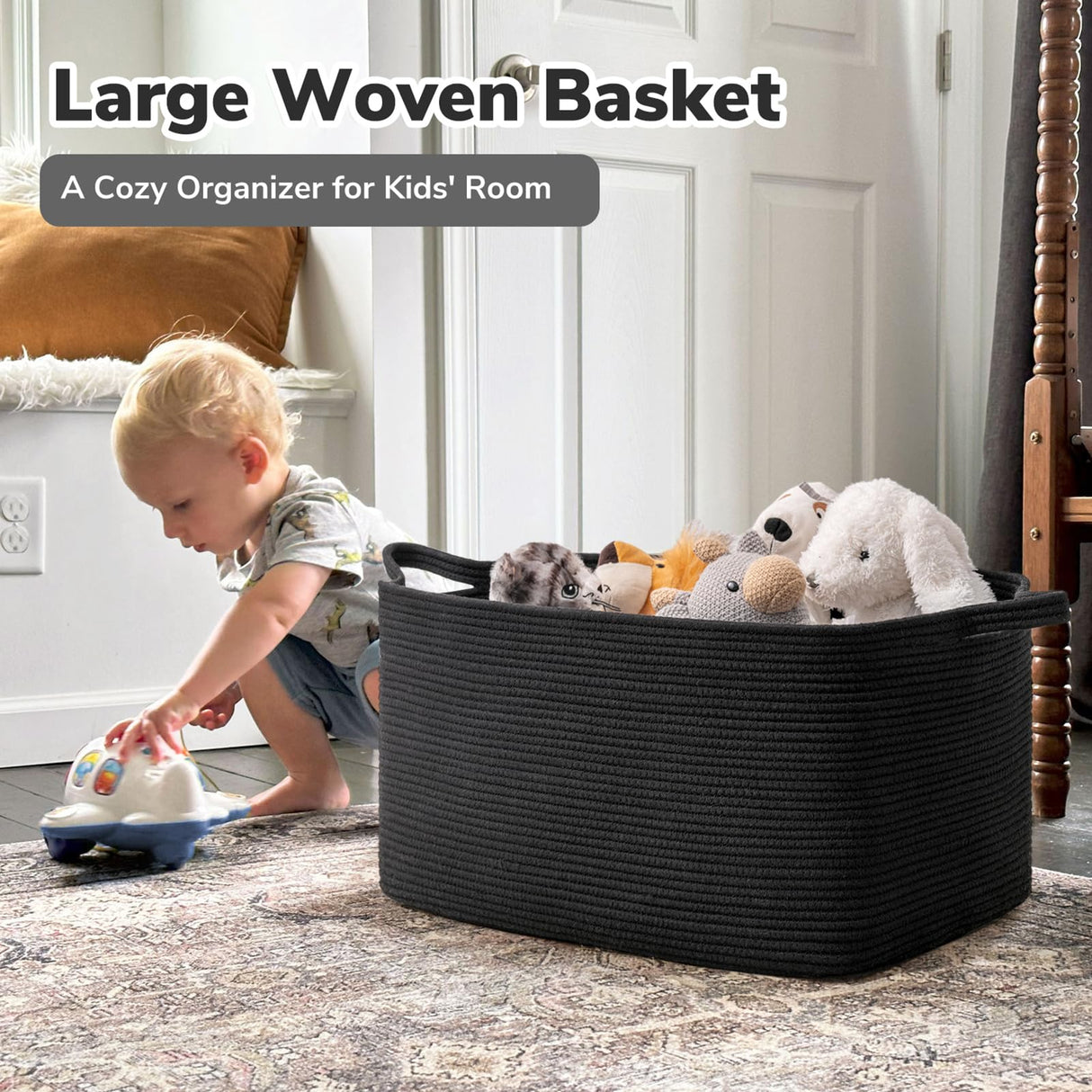 Goodpick Large Blanket Basket Living Room, 21.6" x 14.9" x 11.8" Woven Storage Basket for Blankets, Toys, Rectangle Rope Dirty Clothes Baskets for Nursery, Bedroom, Black Goodpick