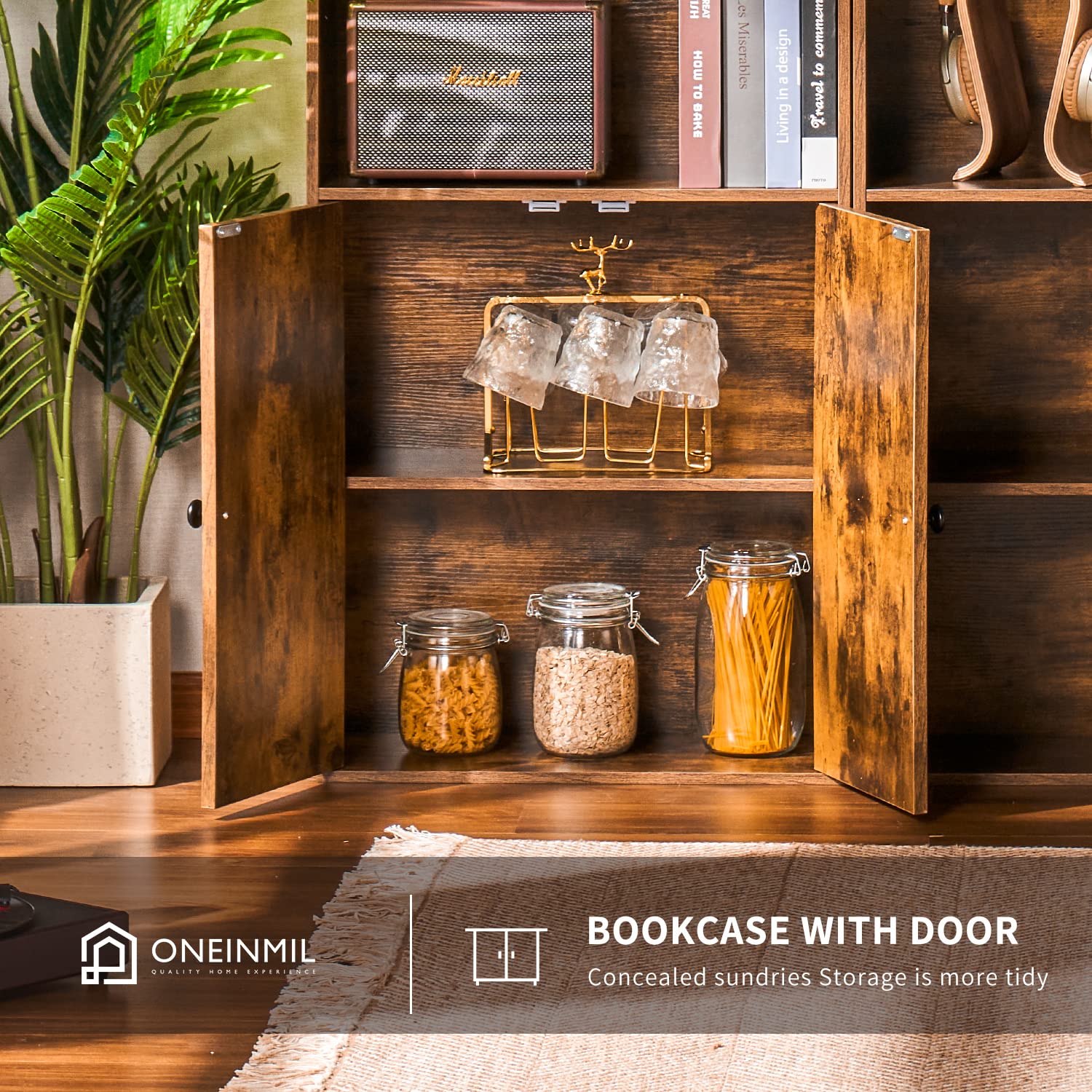 Stunning 6-Tier Brown Wooden Bookcase with Elegant Cabinet Doors by oneinmil - WoodArtSupply