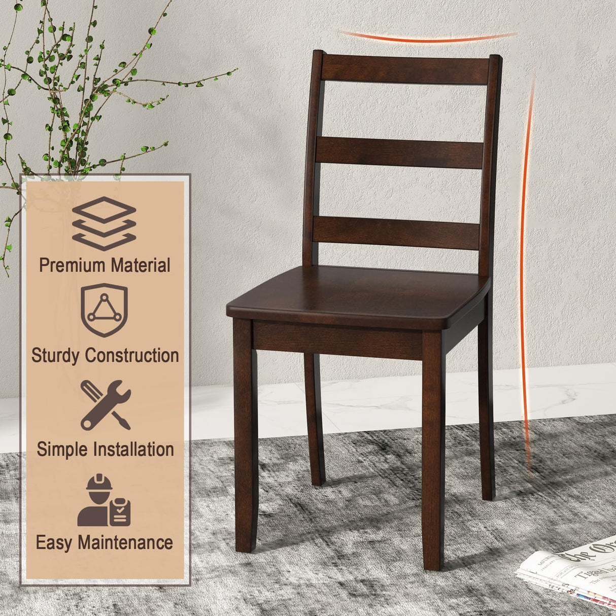 Giantex Wood Dining Chairs Set of 4 Walnut- Wooden Armless Kitchen Chairs with Solid Rubber Wood Legs, Non-Slip Foot Pads, Max Load 400 Lbs, Farmhouse Style High Ladder Back Dining Room Chairs Giantex