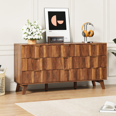 QEIUZON 9 Drawer Dresser, Modern Fluted Storage Dresser with Deep Drawers and Metal Handles, Wood Chest of Drawers Storage Organizer for Bedroom, Living Room, Hallway (Walnut) QEIUZON