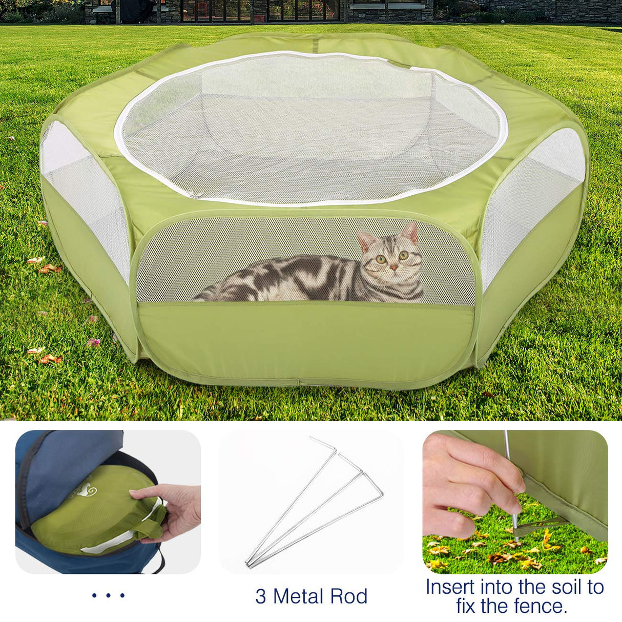 Pawaboo Small Animals Playpen, Waterproof Small Pet Cage Tent with Zippered Cover, Portable Outdoor Yard Fence with 3 Metal Rod for Chick/Kitten/Puppy/Guinea Pig/Rabbits/Hamster/Chinchillas,Green Pawaboo