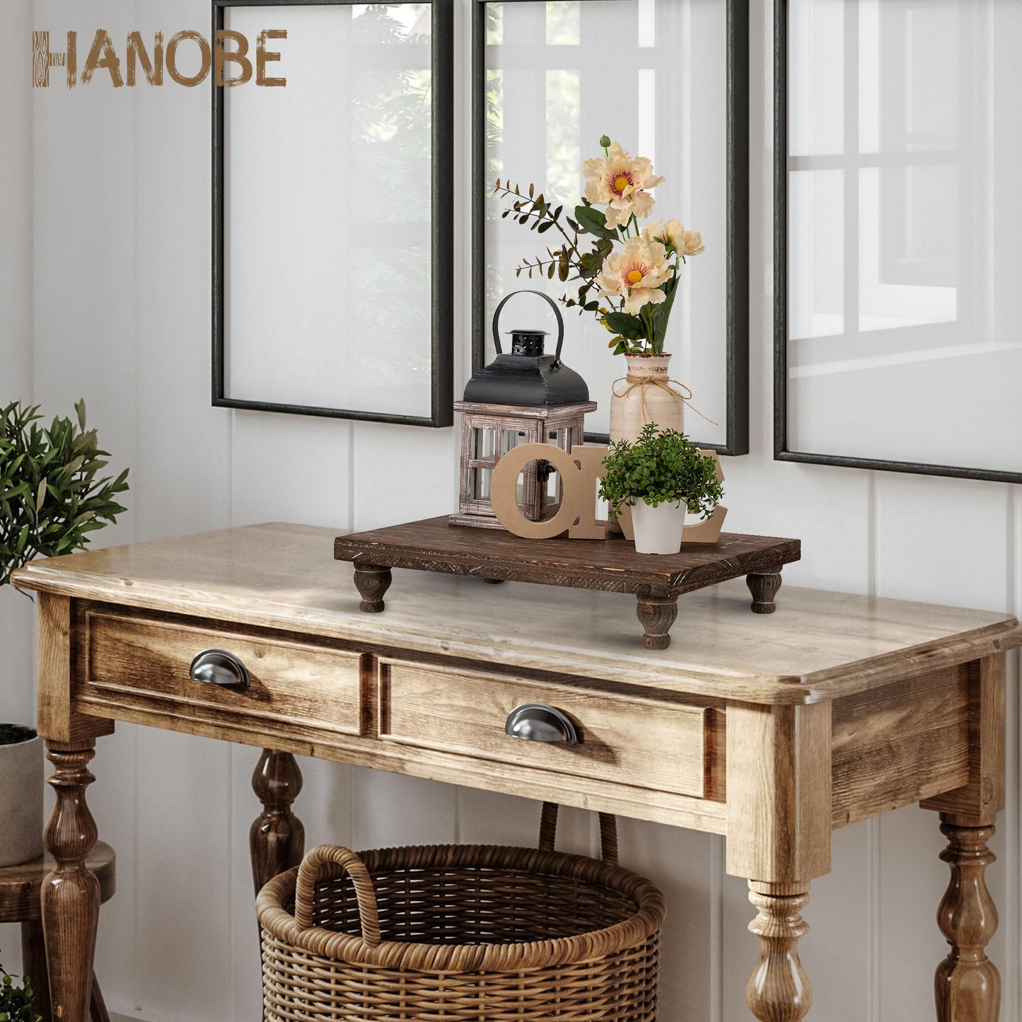 Hanobe Wooden Riser Decorative Tray: Farmhouse Wood Pedestal Display Stand Rustic Brown Tray Riser Centerpiece for Coffee Bar Kitchen Dining Room Home Table Decor, Short & Tall Footed