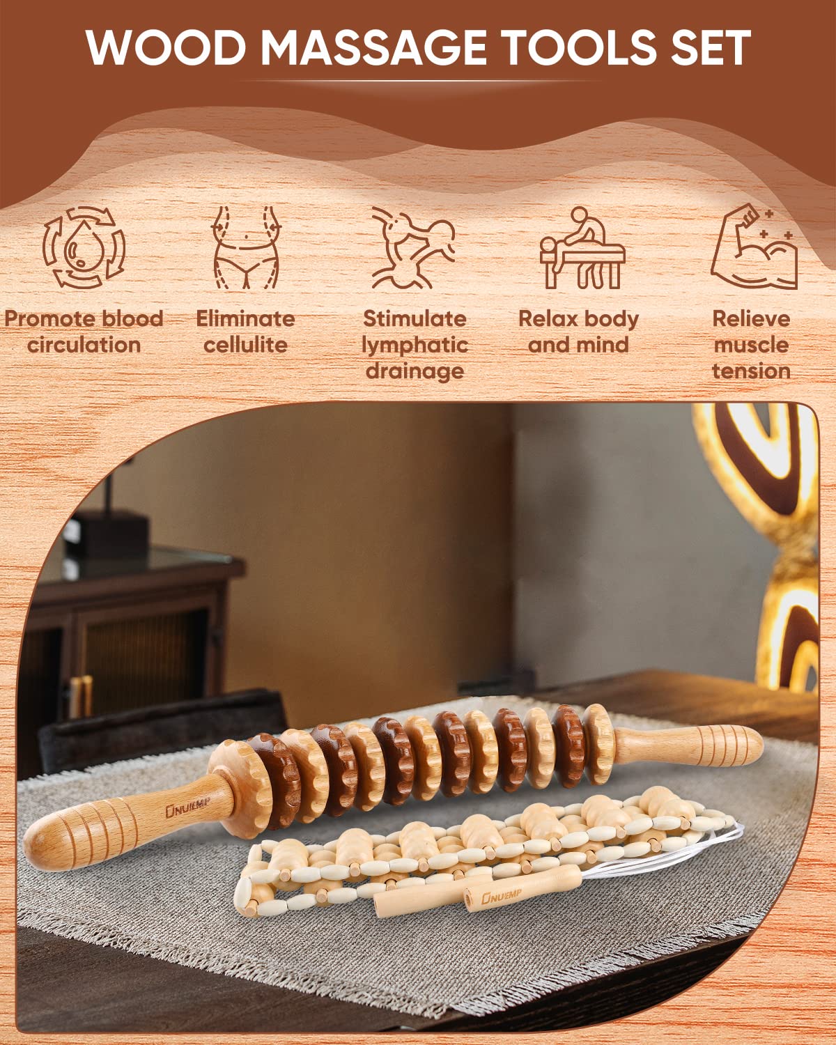 ONUEMP 2PCS Wood Therapy Massage Tools, Wooden Massage Roller Stick & Back Massager Roller Rope, Maderoterapia Kit Colombiana for Lymphatic Drainage, Anti Cellulite, Body Sculpting, Ease Deep Tissue ONUEMP