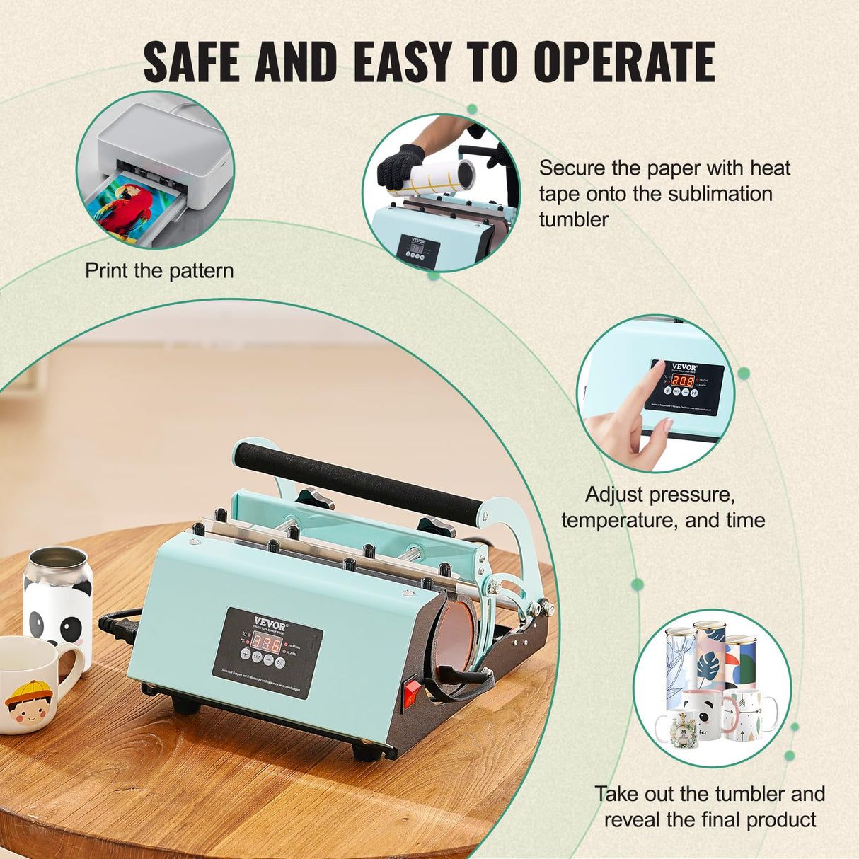 VEVOR Tumbler Heat Press Machine, 11-30oz Mug Press, Heat Up Fast and Even, Tumbler Press with Sublimation Paper, Tape and Gloves, Temp and Time Setting, for Sublimation Tumblers, Cups, Mugs, Green VEVOR