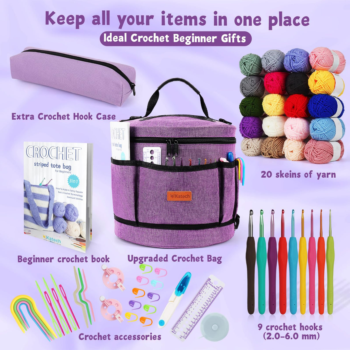 Katech Crochet Kit for Beginners, Beginner Crochet Kit for Adults and Kids Crochet Kits Includes Crochet Hooks Knitting Bag Crochet Yarn for Crocheting Instruction Knitting Kit Crochet Supplies Gift Katech
