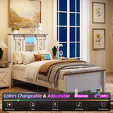 Fameill Farmhouse Twin Size Bed Frame with Storage Headboard, Sliding Barn Door Design, 2-Tier Shelves Bookcase Storage, Charging Ports & USB Outlets, LED Light, No Box Spring Needed, Easy Assembly Fameill