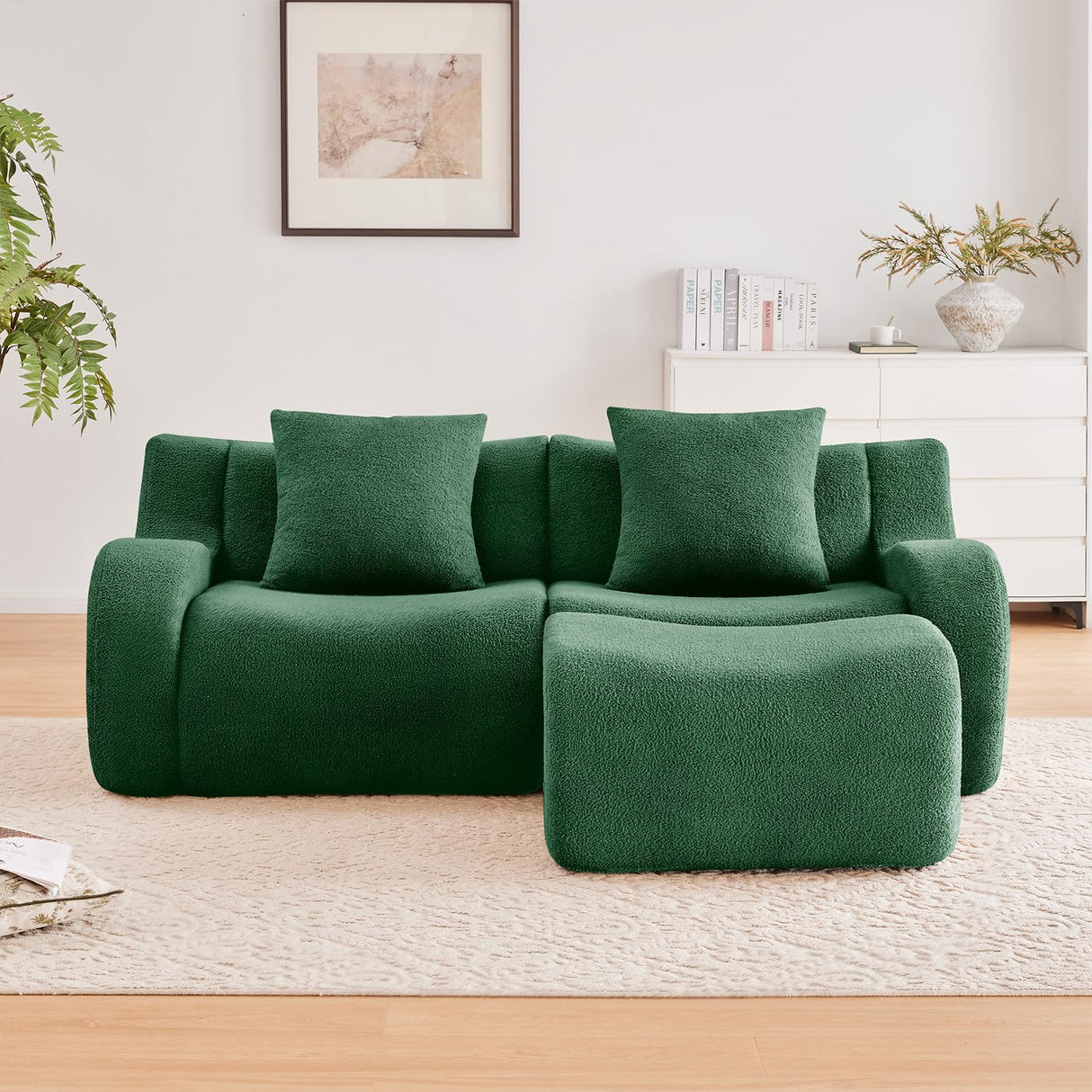 Green Modular Cloud Couch Loveseat with 1 Ottoman, Teddy Fabric Boneless Sectional Sofa in a Box, Comfortable Floor Sofa for Living Room, No Assembly Required, Sofas para Sala ODUSE-DAILY