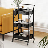 3 Tier Foldable Rolling Cart with Wheels, Folding Utility Cart Organizer, Collapsible Rolling Storage Cart with 3 Hanging Cups & 6 Hooks for Kitchen, Office, Nursery(Black) Amatic