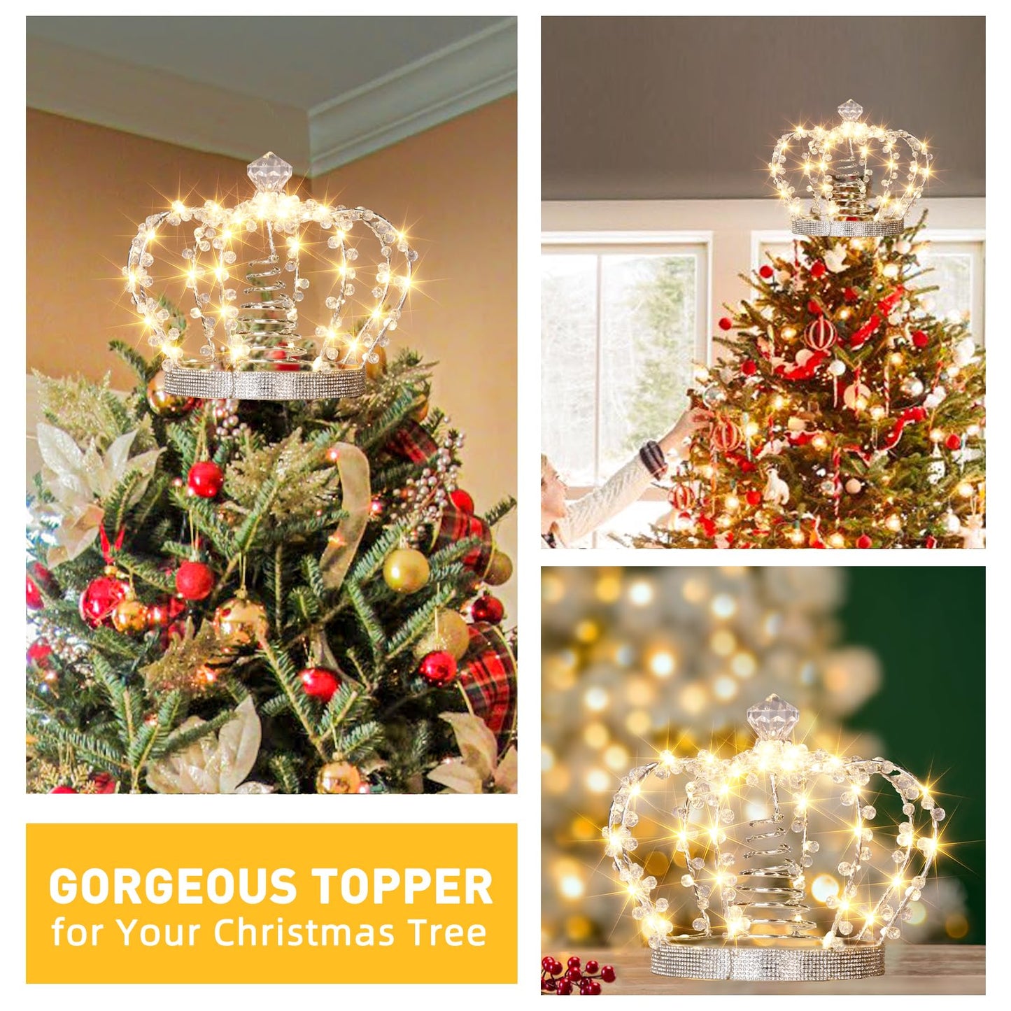 PEIDUO Christmas Jeweled Crown Tree Topper, Light up Tree Topper with 60 Warm White Lights, Large Christmas Topper Unique with Multifunction Controller, Metal Xmas Topper Decorations for Tree, Plug in