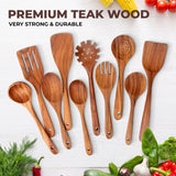 AIUHI Wooden Kitchen Utensils Set, Smooth Finish Wooden Spoons for Cooking, Teak Wood Cooking Utensils Set for Kitchen Essential Tools AIUHI