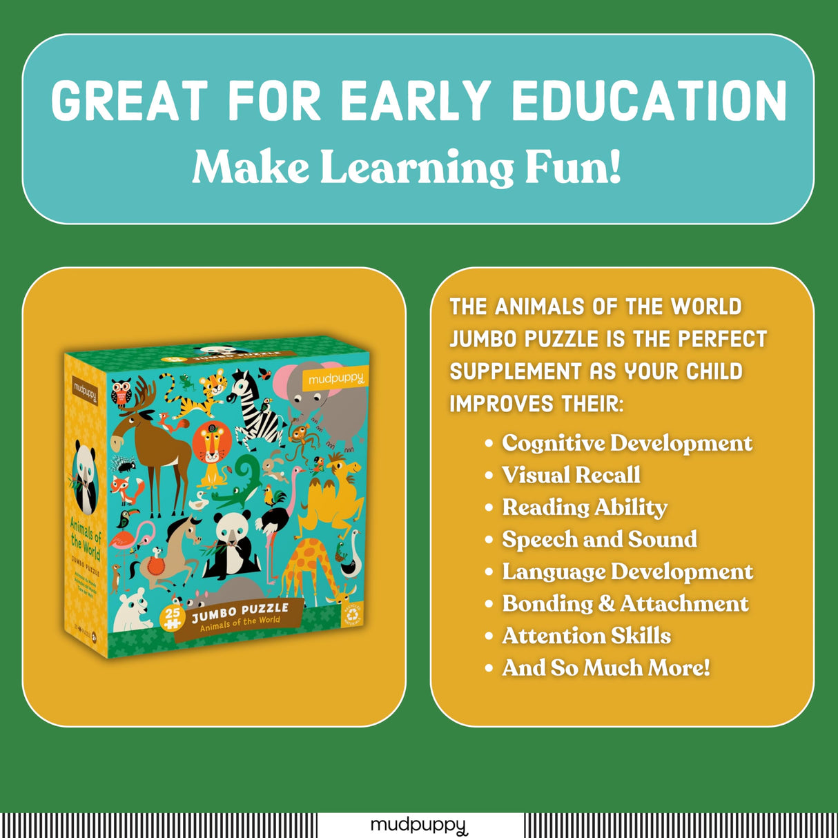 Mudpuppy Animals Of The World - Jumbo 25 Piece Jigsaw Floor Puzzle Featuring Lions, Elephants, and More! Mudpuppy