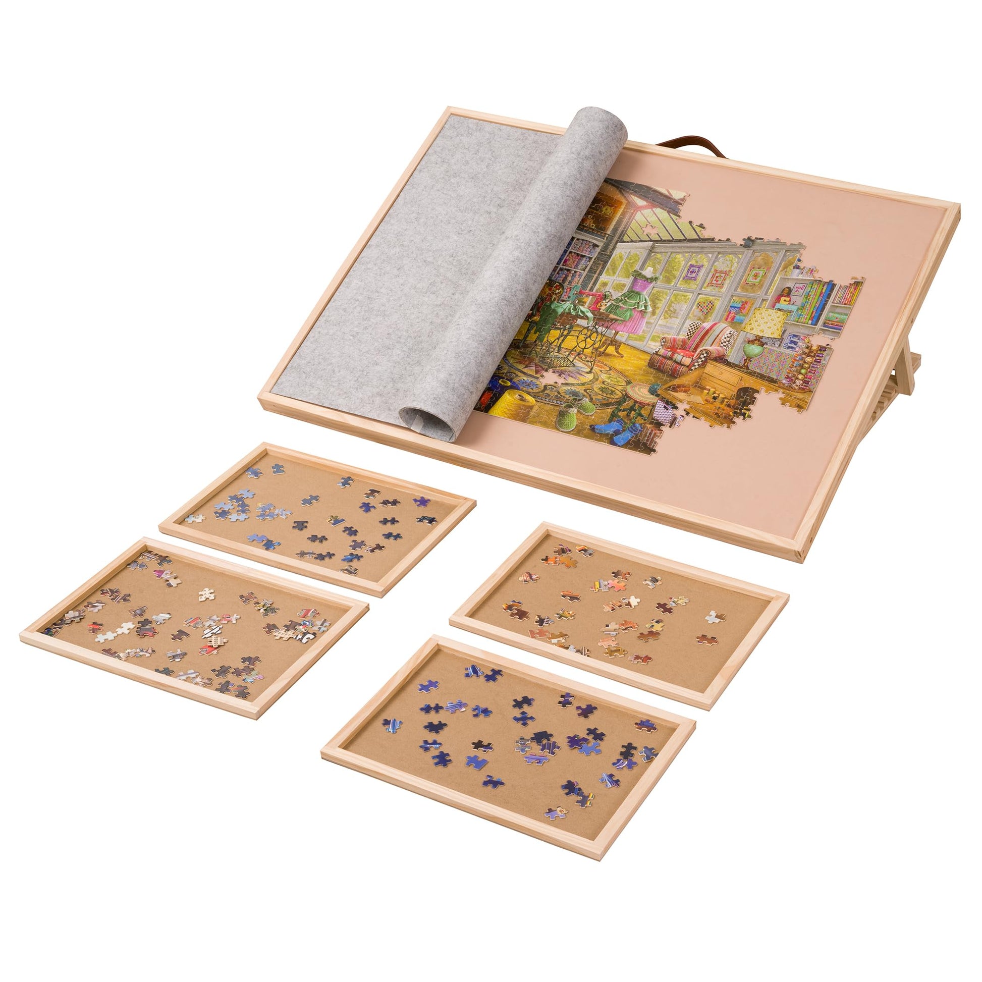 Lavievert Adjustable Jigsaw Puzzle Board with 4 Sorting Trays & Cover, 6-Tilting-Angle Puzzle Easel with PU Handle for Adults, Portable Wooden Puzzle Table with Non-Slip Surface for Up to 150 - WoodArtSupply