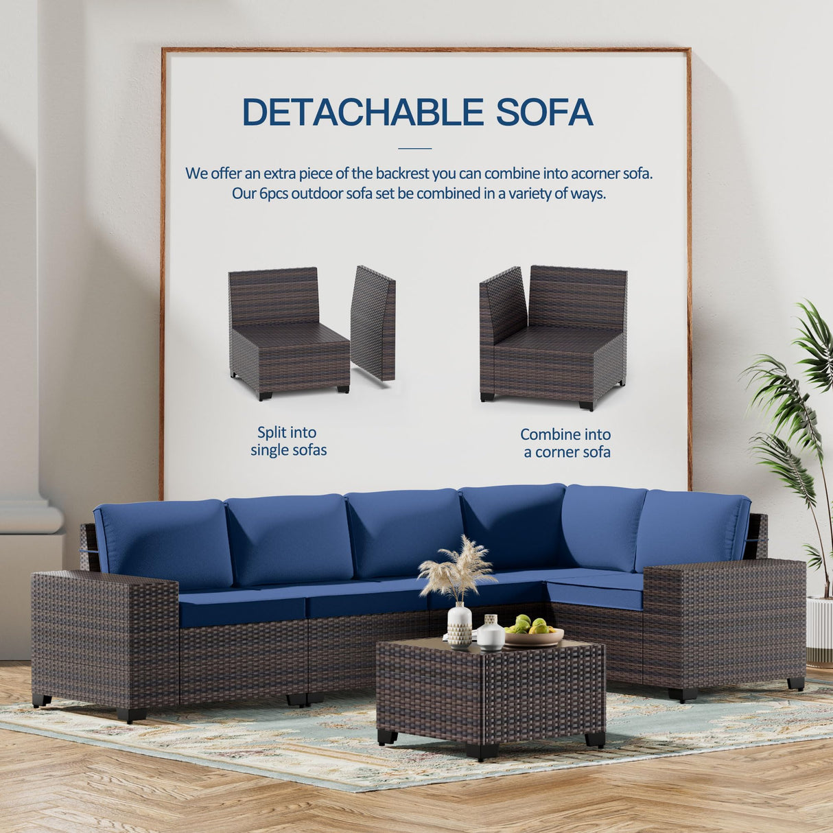 Kullavik 6PCS Outdoor Patio Furniture Set PE Wicker Rattan Sectional Sofa Patio Conversation Sets,Navy Blue Kullavik