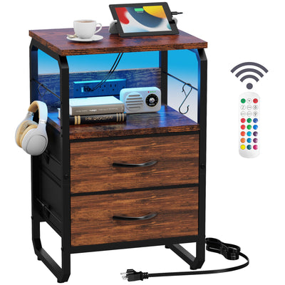 runjuly LED Nightstand, Bed Side Table with Storage, End Table with Drawers & Hooks, Bedside Table with Charging Station, AC Outlets, USB C Ports, Rustic Brown Night Stand Table for Living Room, Dorm