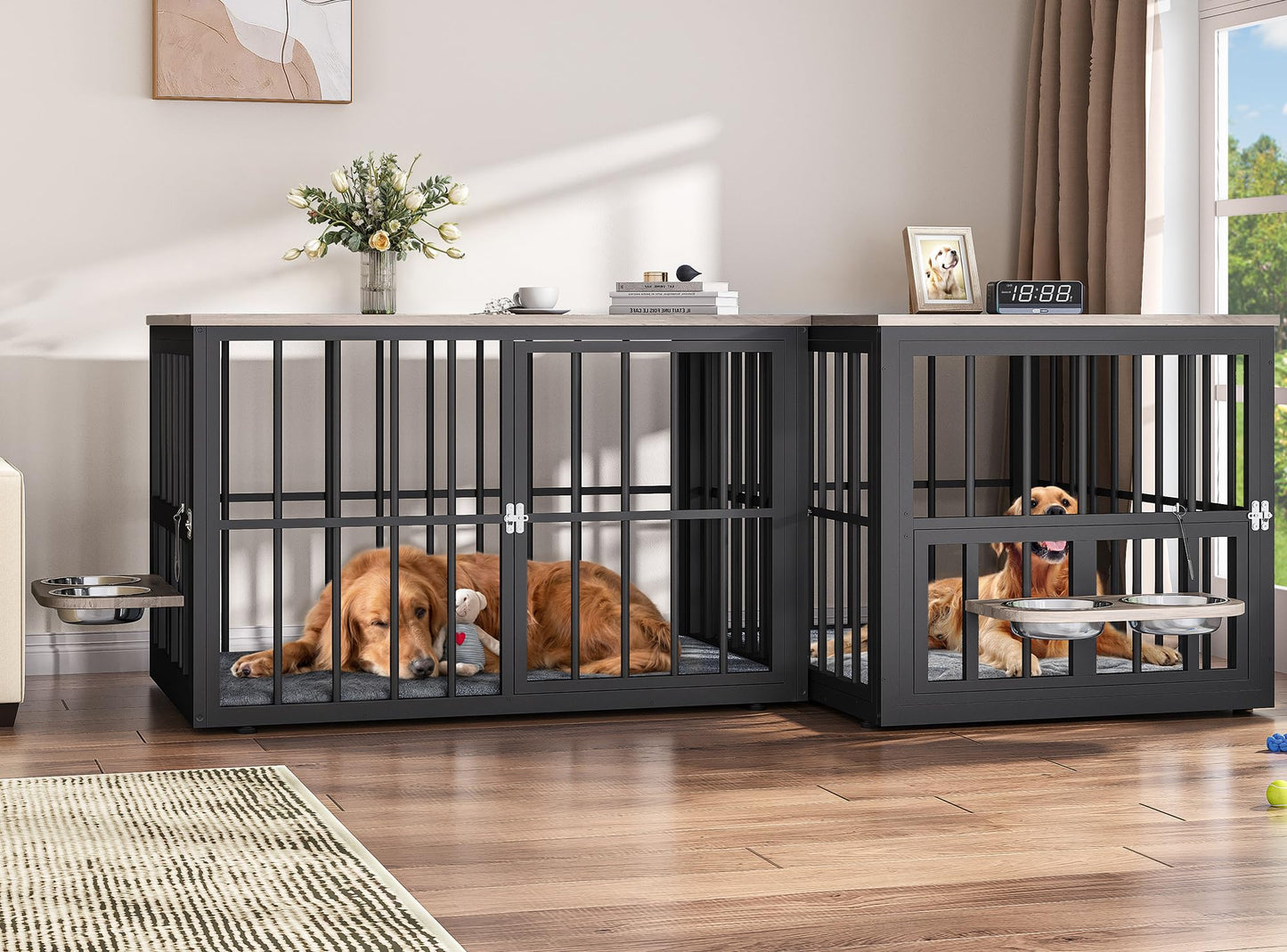 YITAHOME 88.6" Large Corner Dog Crate Furniture for 2 Dogs, 4 Combination Forms Wooden Dog Kennel with 360° rotatable Dog Bowls & 3 Doors,Dog Crate Furniture TV Stand for Medium Large Dog, Grey