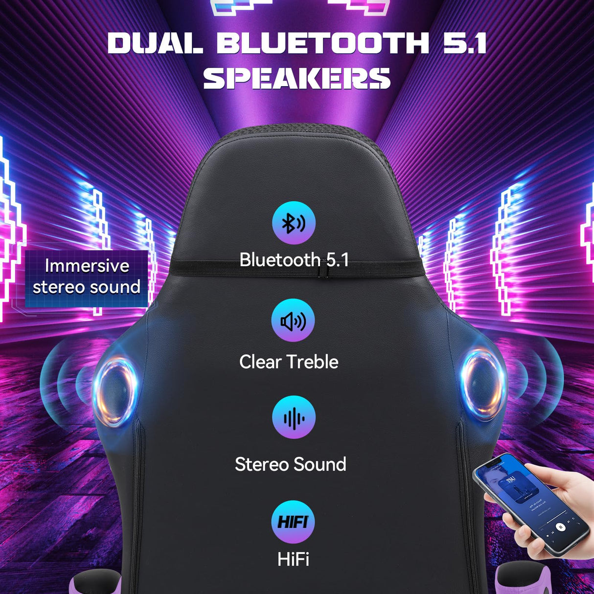 GTPLAYER RGB Gaming Chair with Speakers, Computer Chair with Footrest and LED Lights, High Back Reclining Office Chair with Headrest, 360°Swivel Chair (Purple) GTPLAYER