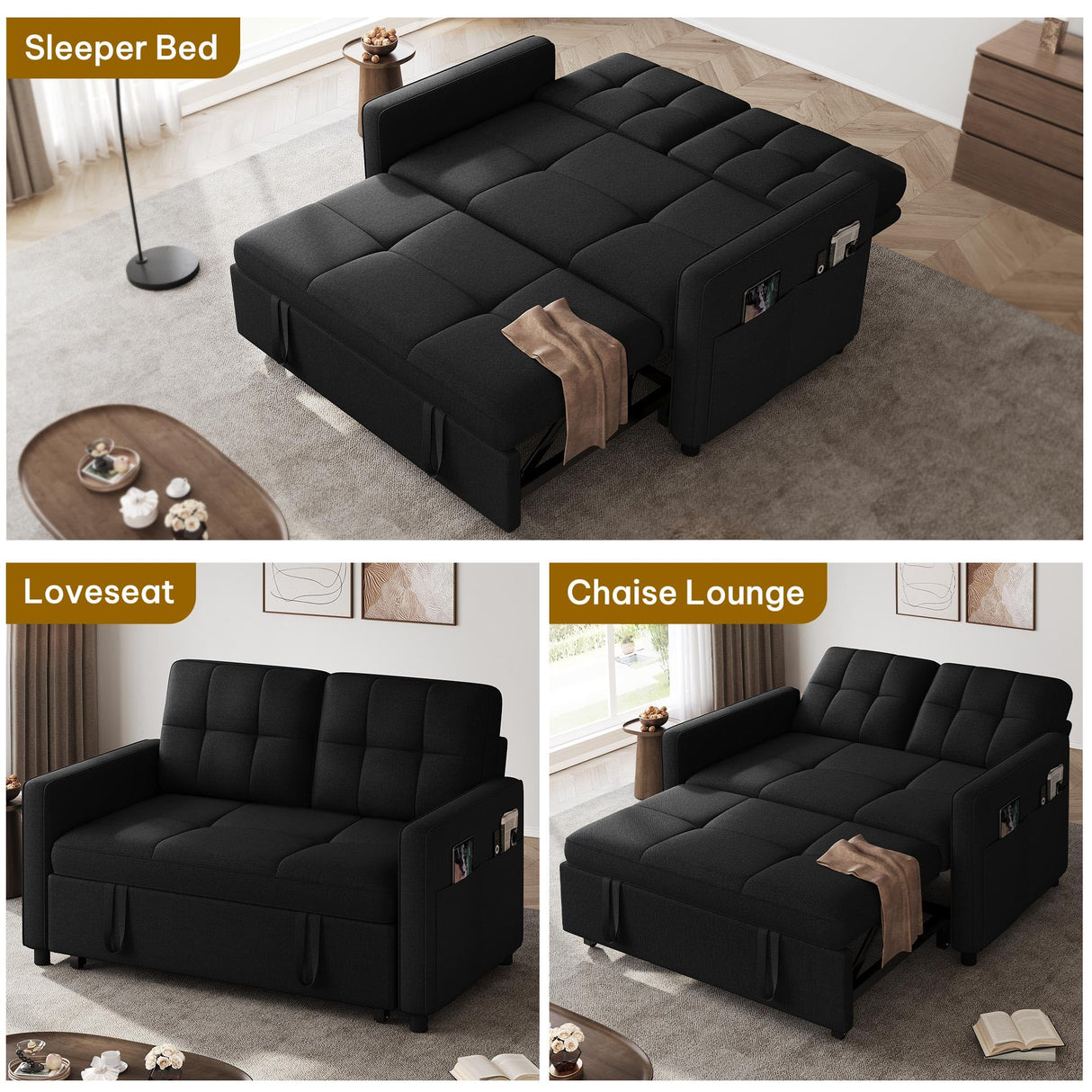 DWVO 55" Convertible Sofa Bed, 3-in-1 Sleeper Sofa with Pull-Out Bed, Linen Futon Couch with Side Pocket and Adjustable Backrest, Modern Loveseat for Living Room, Balck DWVO