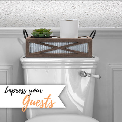 Autumn Alley Farmhouse Toilet Paper Basket for Back of Toilet - Farmhouse Toilet Paper Holder, Organizer and Toilet Paper Basket - Tank Topper Basket Holder, Farmhouse Rustic Home Decor, Brown