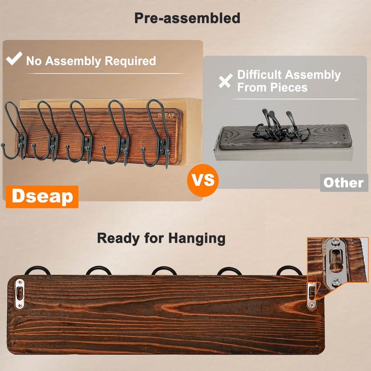 Dseap Coat Rack Wall Mounted - Heavy Duty Farmhouse Rustic Wall Coat Hanger with 5 Wire Hooks for Clothes Hat Jacket Towel, RusticWire, J1-5A, Whitewash & Black Dseap