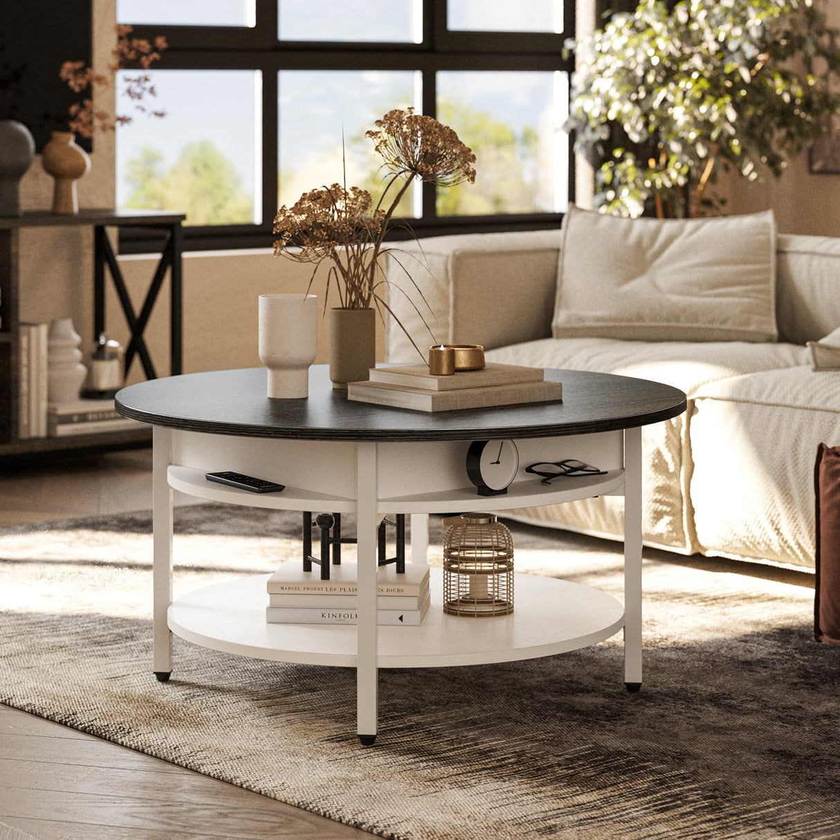 FABATO Round Lift Top Coffee Table with Storage and Hidden Compartment, 26.77'' Farmhouse Coffee Table for Living Room Reception Room, 2 Tier Small Round Coffee Table Circle Dining Table, White FABATO