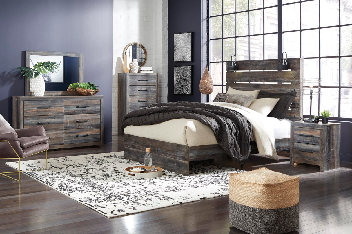 Signature Design by Ashley Drystan Rustic Queen Panel Bed, Sconce LED Lights, USB Ports and Nailheads, Foundation or Box Spring Needed, Dark Brown & Gray Signature Design by Ashley