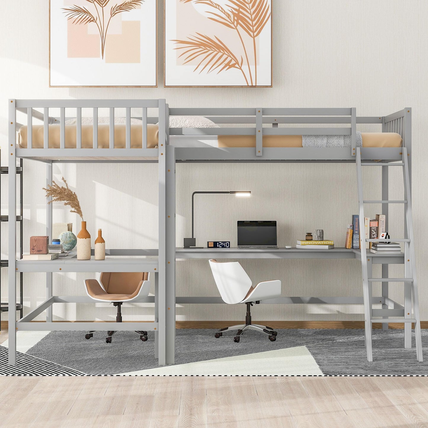 CITYLIGHT Twin Size L-Shaped Loft Bed with Built-in Desks – Grey, Perfect for Kids and Teens - WoodArtSupply