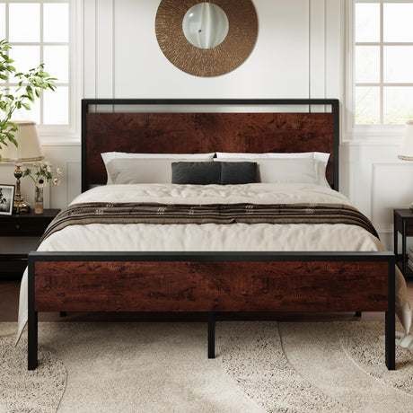 Allewie Queen Size Heavy Duty Platform Bed Frame with Elegant Wooden Headboard and Footboard in Mahogany Allewie