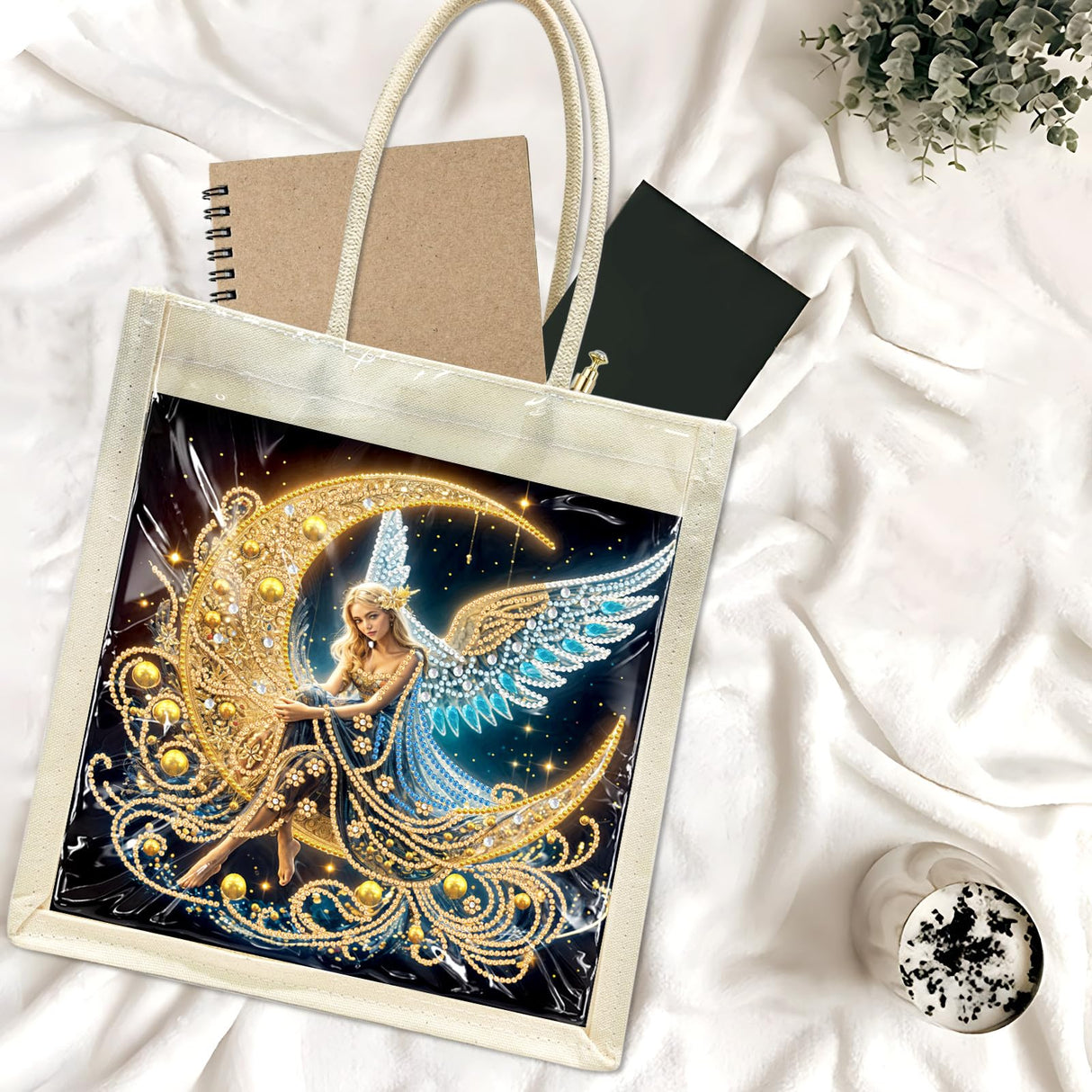 DoxQcs Diamond Art Painting Tote Bag Kit, Shoulder Bags 5D DIY Handbags Reusable Shopping Bags with Handles for Women-Moon Angel DoxQcs