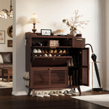 IRONCK Shoe Cabinet, Mid Century Shoe Storage with 2 Flip Drawers & Grille Doors Design, Shoe Rack Cabinet with Hooks and Side Cabinet, Shoe Organizer for Entryway, Natural Red Walnut IRONCK