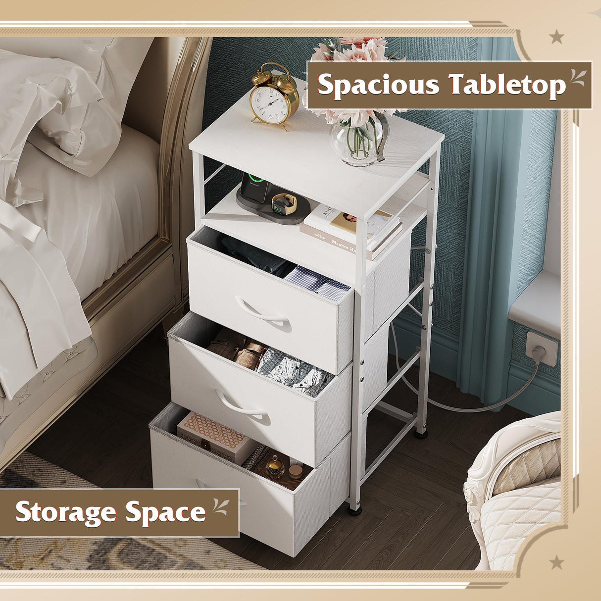 WLIVE White Night Stand with Charging Station, LED Nightstand with 3 Fabric Drawers, Tall Bedside Table with 3 USB Ports and 2 Outlets, Dresser for Small Space, 31.93" H Side Table for Bedroom WLIVE