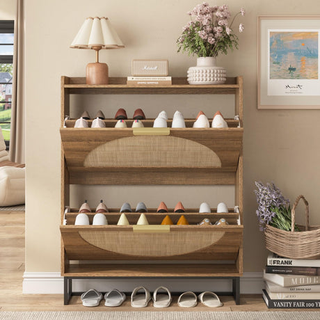 Maupvit Rattan Shoe Storage Cabinet with 2 Flip Drawers, Freestanding Shoe Organizer with Metal Legs for Entryway, Hidden Golden Handles, Narrow Shoe Rack Cabinet, Rustic Oak Rattan Maupvit