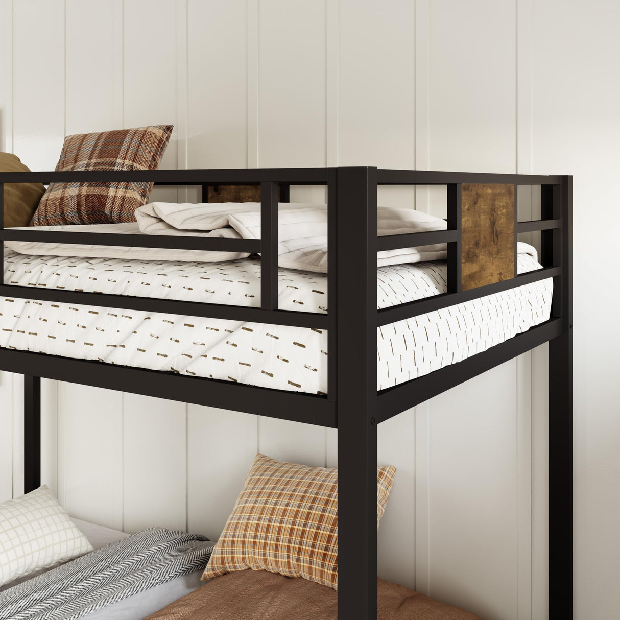 Allewie Black Twin Over Twin Bunk Bed with Rustic Wood Accents and Sturdy Metal Frame Allewie