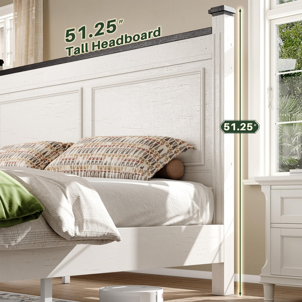 Homkdom King Size Bed Frame with Tall Headboard,Bed Frame King with Storage,2 Drawers,Farmhouse,Wooden,No Noise,No Box Spring Needed,White Homkdom