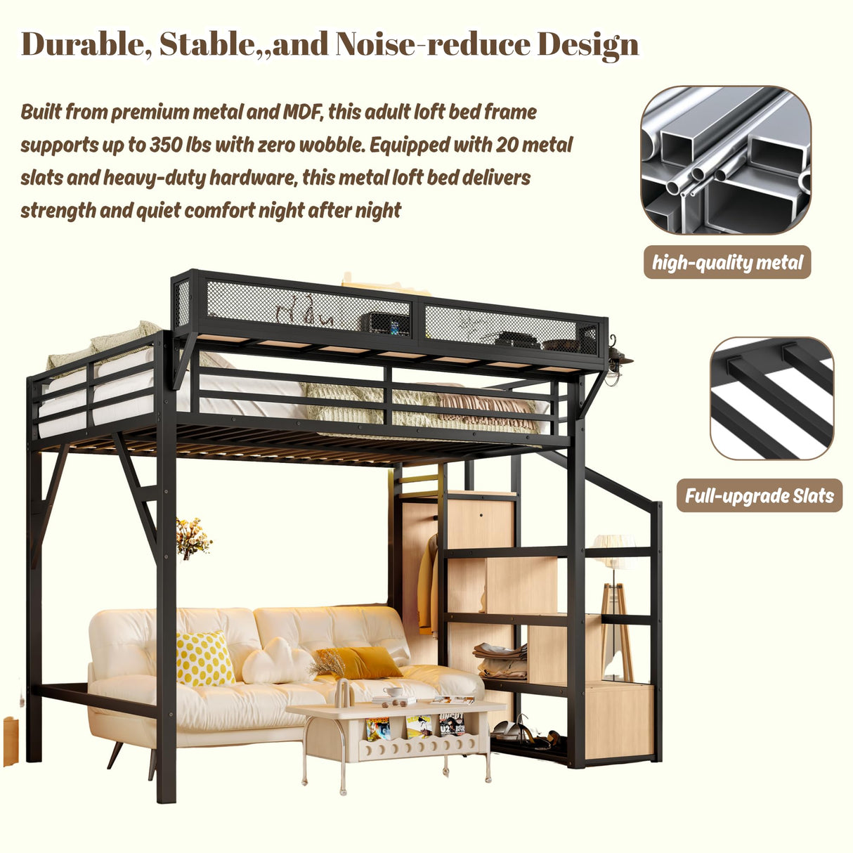 Full Loft Beds with Storage Beside Shelves and Wardrobe, Metal Loft Bed Full with LED Lights and USB Ports, Heavy-Duty Loft Bed Frame for Teens, Adults, Noise-Free & Space-Saving, Black Bellemave
