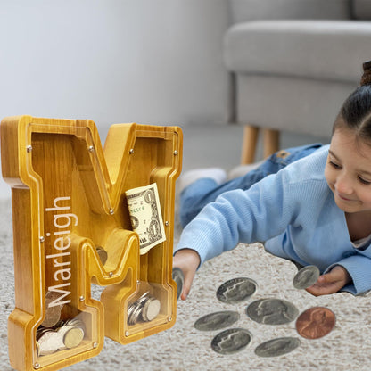 Personalized Wooden Letter Piggy Bank for Boys and Girls with Children's Letters, Customized Laser Engraved Names, Creative Letter Piggy Bank, Piggy Bank for Children's Birthday Gifts, Christmas (M)